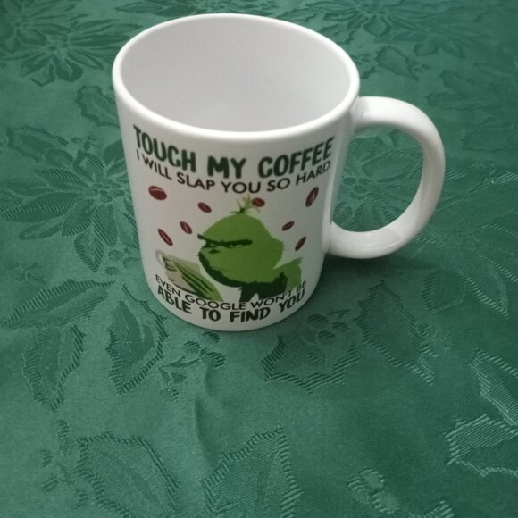 Novelty Grinch mug with suggested act of violence if coffee touched - Picture 2 of 2